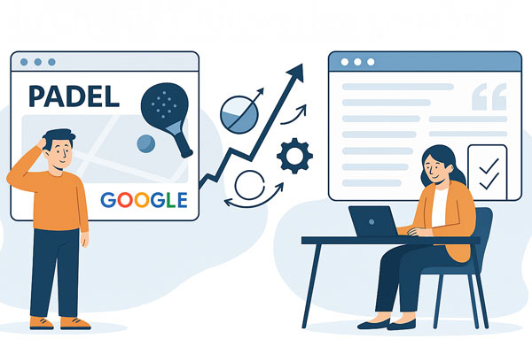 Flat-Illustration zeigt, wie KI-Systeme wie ChatGPT nach Padel-Angeboten suchen und digitale Sichtbarkeit entsteht.